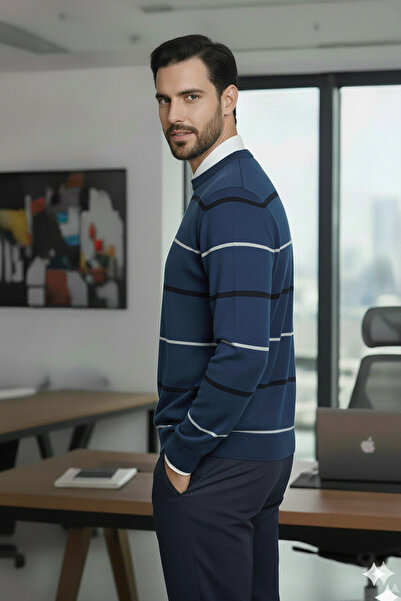 Millionaire Men's Stripe Detailed Indigo Crew Neck Standard Regular Fit Blended Knit Sweater