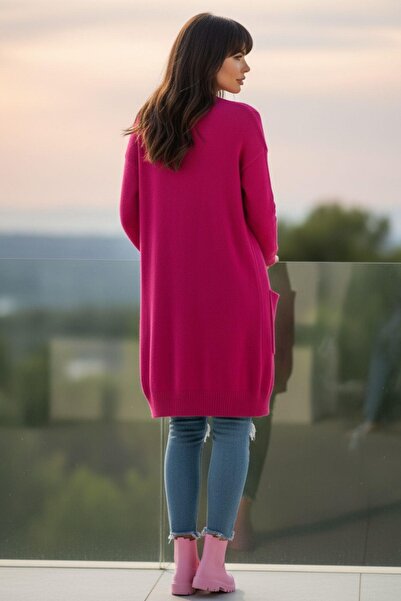 Mossta Women's Long Pocket Knit Cardigan – Energetic Color, Soft Knit – Fuchsia