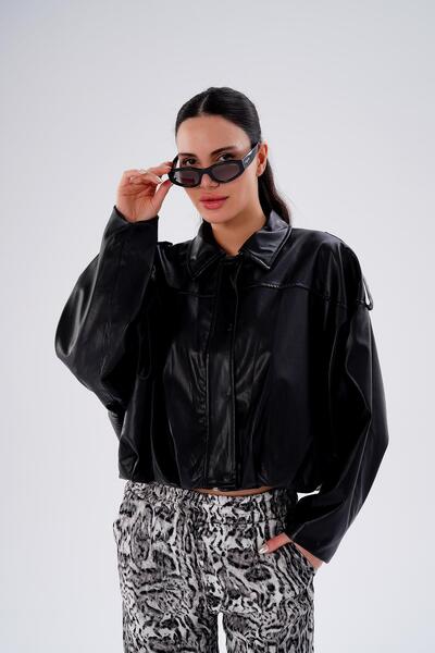 ŞİMAL Women's Epaulet Batwing Sleeve Leather Jacket 255442 -