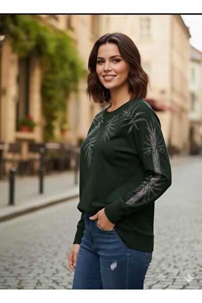 Aylin Güncüoğlu Round Necklace with Stone Print on the Front and Sleeves Sports Combed Cotton Blouse