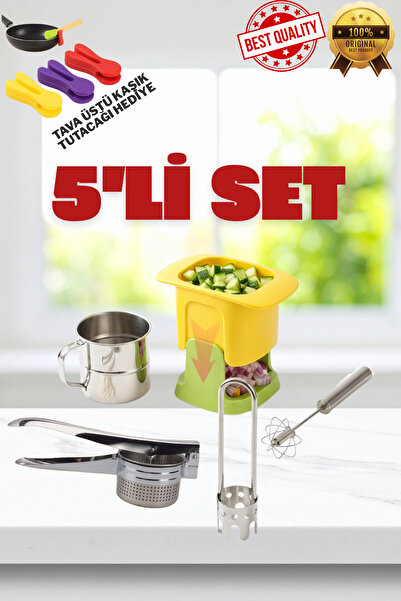 NomaDeco 5'li Paslanmaz Mutfak Seti: Narenciye Sıkacağı, Doğrayıcı, Çırpıcı, Elek, Oyacak +Kaşık TutucuHEDİYE