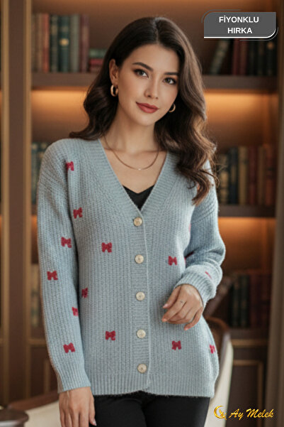 AYMELEK Women's Knitwear Cardigan Buttoned V-Neck Short Bow Detailed Textured Cardigan