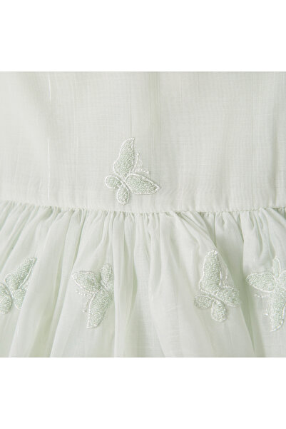 giggles Butterfly Embroidered Sleeveless Dress with Bow Detail and V-neck