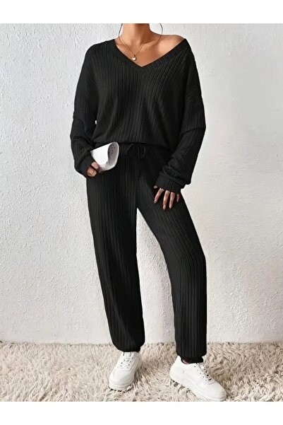 JANES Women's Long Sleeve V-Neck Ribbed Knit Blouse and Pants Double Suit