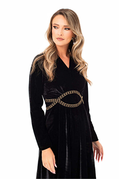 Miyu Black Velvet Dress with Golden Details