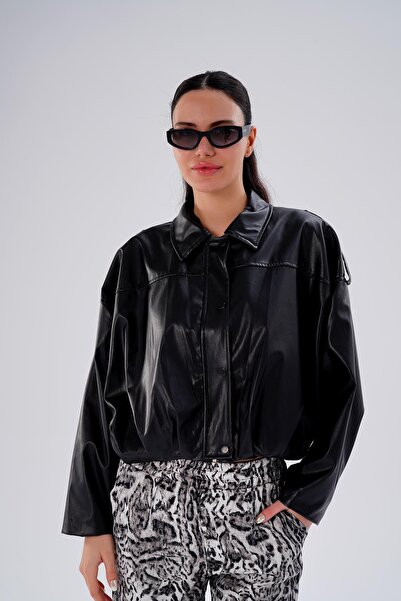 ŞİMAL Women's Epaulet Batwing Sleeve Leather Jacket 255442 -