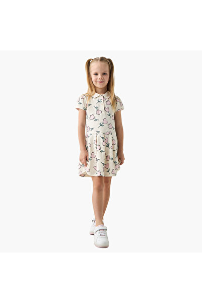 Juniors All-Over Floral Print Polo A-line Dress with Short Sleeves