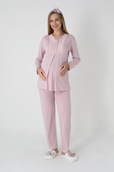 ERDENİZ TEKSTİL Pregnant Women's 3-Piece Pajama & Robe Set – Jacquard Fabric with Bow Pattern, Breastfeeding, Viscose-Cotton