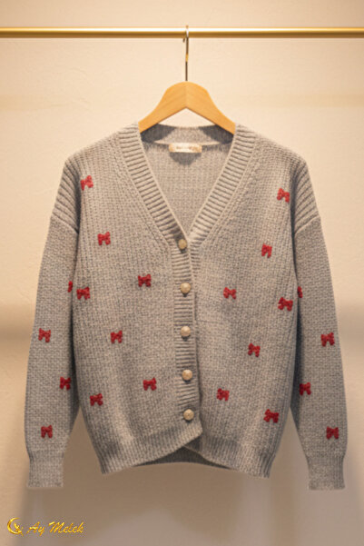 AYMELEK Women's Knitwear Cardigan Buttoned V-Neck Short Bow Detailed Textured Cardigan