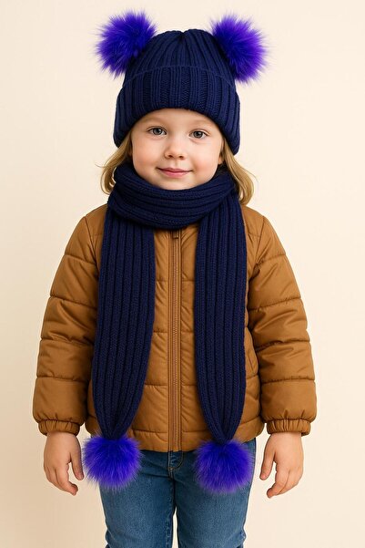 ues Dark Blue Double Pompon Knitwear Scarf Beanie Set