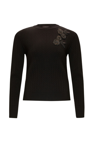 Exquise Long Sleeve Crew Neck Floral Embroidery Knit Blouse