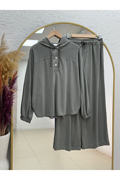 MİHRA STORE Darby Front Snap Hooded Pique Pants Set-Nl636.1 Khaki