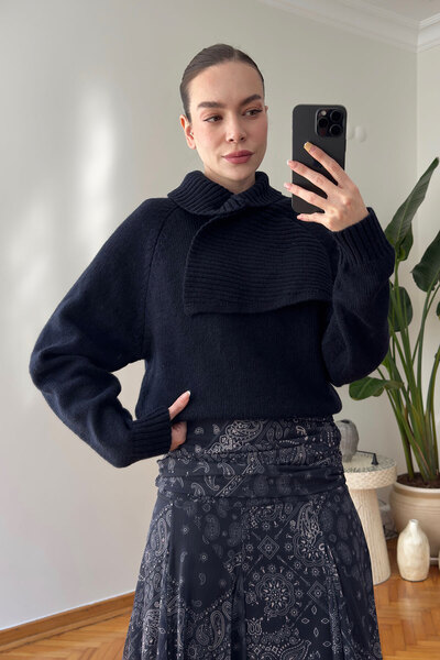 MAGARDE Pulover din tricot premium cu guler dublu - ALBASTRU ÎNCHIS