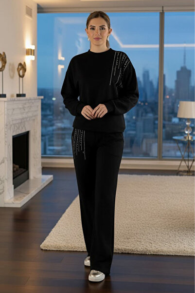 Nevin Kaya Moda Black Cross Sparkle Cotton Tracksuit Set