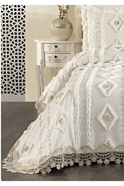 baladı home ev tekstil home collection Double Pompom Bedspread with Lace (Set of 4 Pieces) Bedspread and 2 Pillowcases Pique