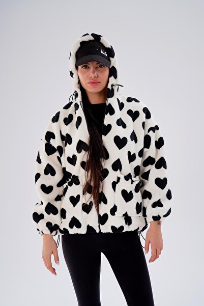 ŞİMAL Women's Heart Patterned Plush Coat 255401 -