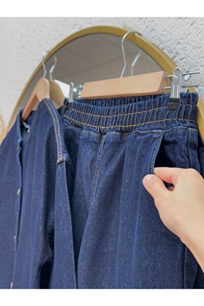 MİHRA STORE Adelia Double Pocket Wide Leg Trousers Denim Suit-Ls5841 Denim Color