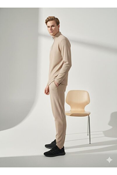 ribana Unisex Corded Fabric Shirt Collar Zippered Pocket Elastic Waist Knitwear Bottom Top Set