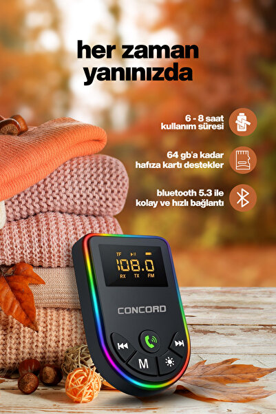 Concord 2'si 1 Arada Bluetooth 5.3 Ses Adaptörü, Ses Alıcısı / Vericili, Renkli Işığa Sahip Mp3 Çalar