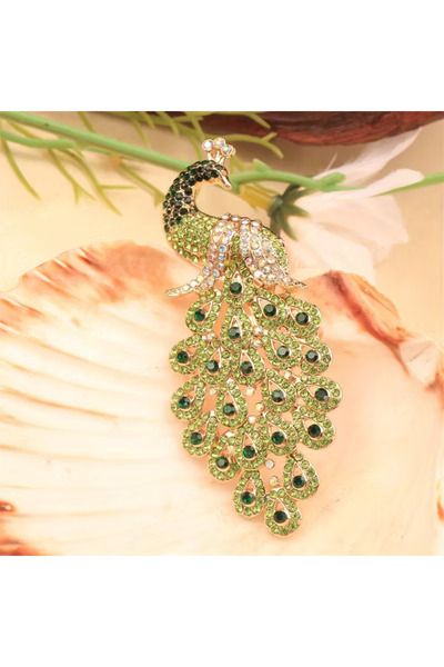 begüm jewelery YEŞİL-HAKİ TAŞLARLA İŞLENMİŞ TAVUS KUŞU MODEL TAŞLI TASARIM BROŞ