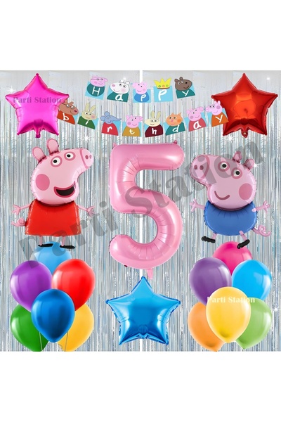 Parti Station Peppa Pig Concept 5Th Birthday Balloon Set Pink Pig Peppa Pig and George Theme Silver Birthday