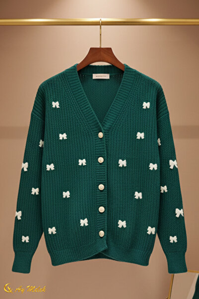 AYMELEK Women's Knitwear Cardigan Buttoned V-Neck Short Bow Detailed Textured Cardigan