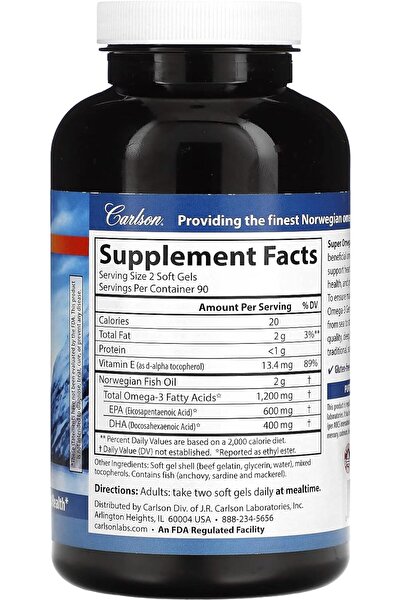 Carlson Super Omega-3 Gems, Norwegian, 1,200 mg Omega-3s, 180 Soft Gels