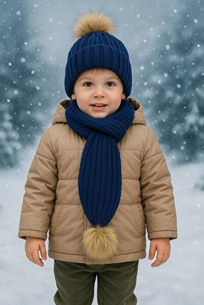 ues Dark Blue Single Pompon Knitwear Scarf Beanie Set