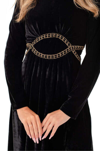 Miyu Black Velvet Dress with Golden Details