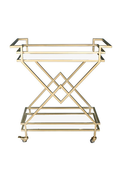 genric عربة بار زجاجية من طبقتين من FFD، إطار معدني ملحوم، أرفف زجاجية شفافة، لون ذهبي مطفي، 80×40×90 سم