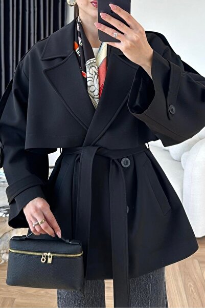 Suziş Black Belted Oversize Standard Size Short Trench Coat 9580