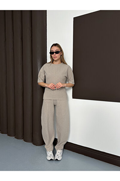 MODAMERSİ Women's Mink Waist-Fitted Short-Sleeved Blouse Pants Two-Piece Set