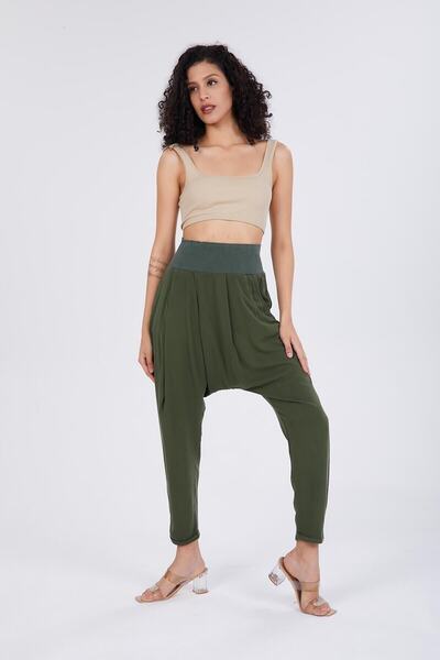 della moor Women's Khaki Elastic Waist Belmando Shalwar Trousers