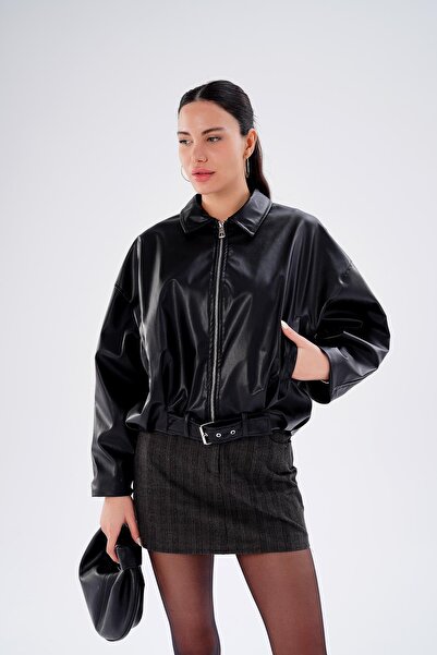 ŞİMAL Women's Belt Detailed Leather Jacket 255441 -