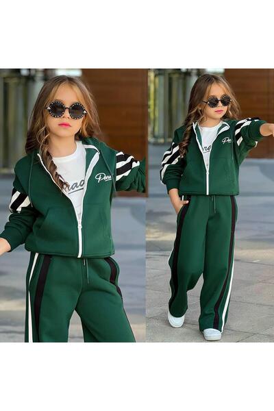 RAPAPA Girl's 3-Piece Fleece-Lined Tracksuit Set – Zippered Top + T-Shirt + Wide-Leg Bottom 43138Y