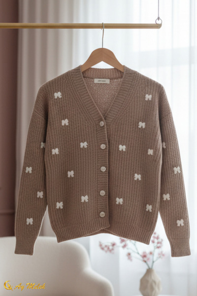 AYMELEK Women's Knitwear Cardigan Buttoned V-Neck Short Bow Detailed Textured Cardigan