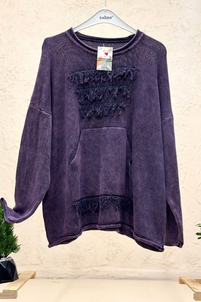 sahnemoda Long sleeve cotton sweater with pockets and tassels