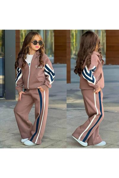 RAPAPA Girl's 3-Piece Fleece-Lined Tracksuit Set – Zippered Top + T-Shirt + Wide Leg Bottom 43138K