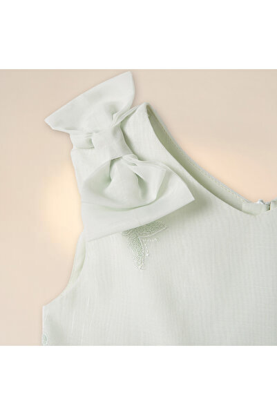 giggles Butterfly Embroidered Sleeveless Dress with Bow Detail and V-neck