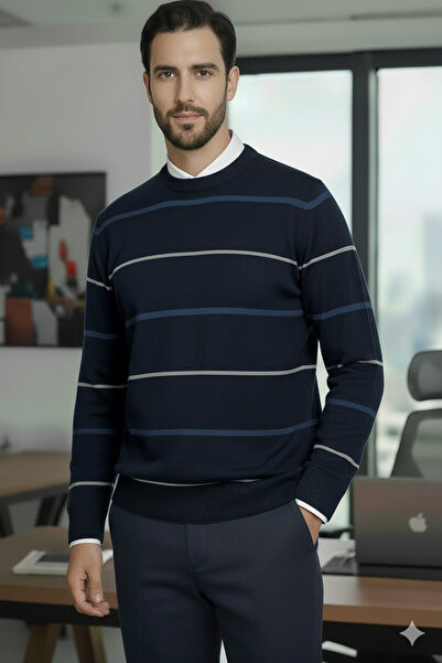 Millionaire Men's Stripe Detailed Navy Blue Crew Neck Standard Regular Fit Knitwear Sweater