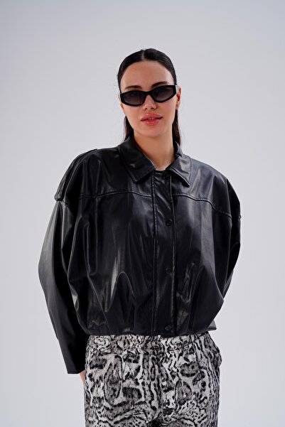 ŞİMAL Women's Epaulet Batwing Sleeve Leather Jacket 255442 -