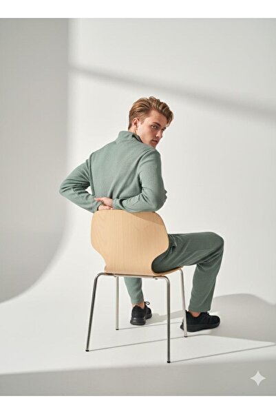 ribana Unisex Corded Fabric Shirt Collar Zippered Pocket Elastic Waist Knitwear Bottom Top Set