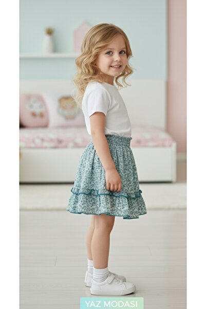 Şenkız Girl's Elastic Waist Floral Patterned Summer Casual Skirt