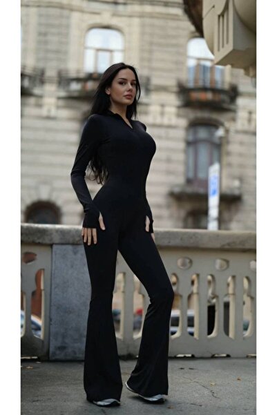 JANES Women's Long Sleeve Turtleneck Zipper Detail Flared Leg Jumpsuit