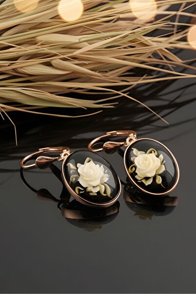 Takıdepo Damla Kehribar İçine Gül Oyma El İşi Gümüş Küpe-Rose Rengi