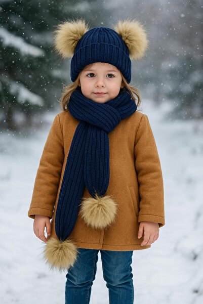 ues Dark Blue Double Pompon Knitwear Scarf Beanie Set