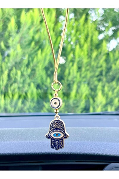Azrua Gilded Navy Blue Hand of Fatima Metal Car Mirror Ornament Car Charm Bag Accessory