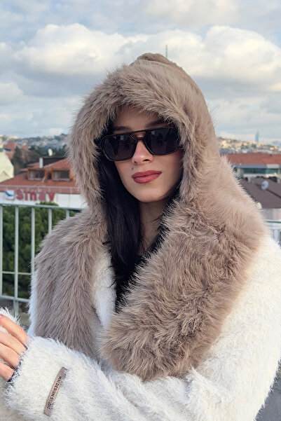 Mollycrush Women's Camel Faux Fur Scarf Hat – Winter Warm Soft Plush Model