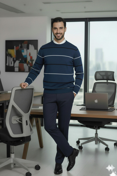 Millionaire Men's Stripe Detailed Indigo Crew Neck Standard Regular Fit Blended Knit Sweater