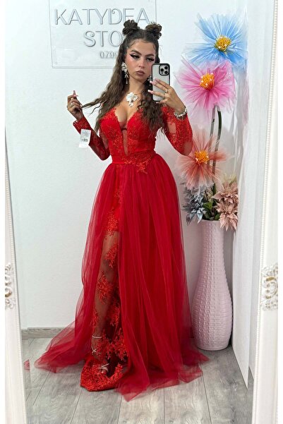 KATYDEA STORE Vivian red tulle and lace long evening dress